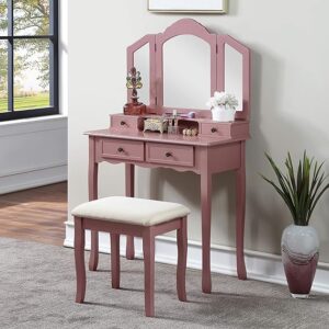 Roundhill Furniture Sanlo Wooden Vanity, Make Up Table and Stool Set, RoseGold