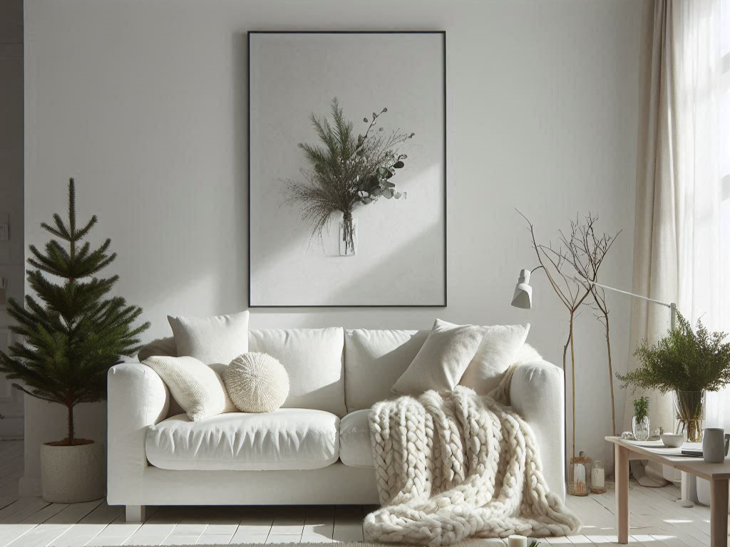 A minimalist living room with a white sofa adorned with cream pillows and a chunky knit blanket. A framed botanical print hangs above. Floor plants and a small coffee table complete the serene, neutral-toned space.